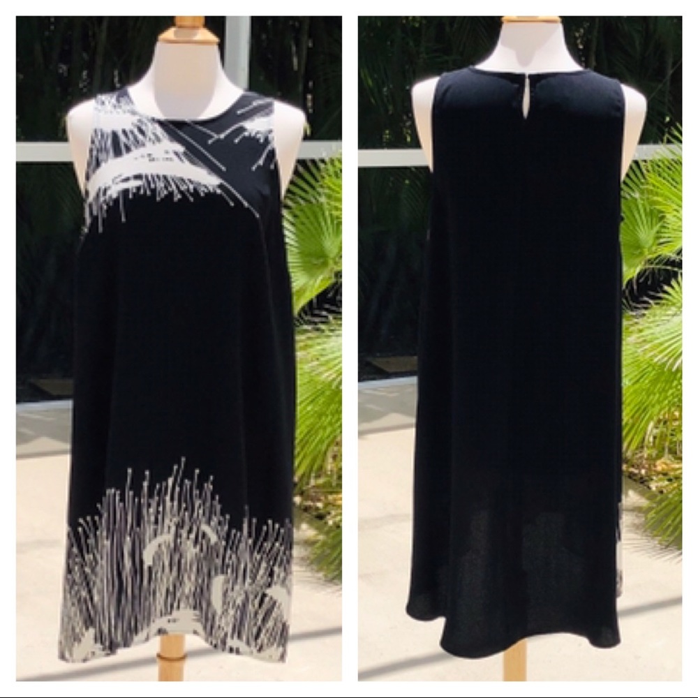 ALFANI Black with White Print Sleeveless High Low Dress - Sz. 14  EUC